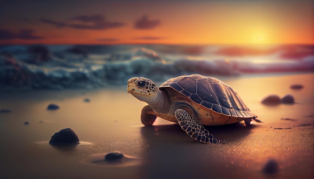 A turtle on the beach at sunset