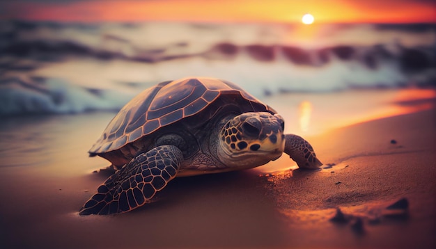 A turtle on the beach at sunset