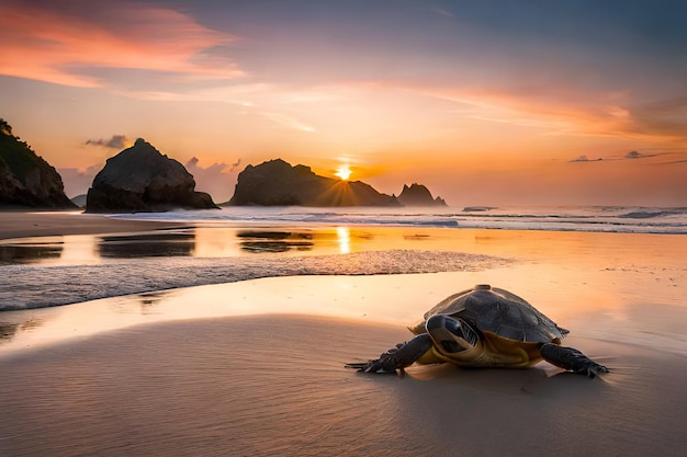 A turtle on the beach at sunset