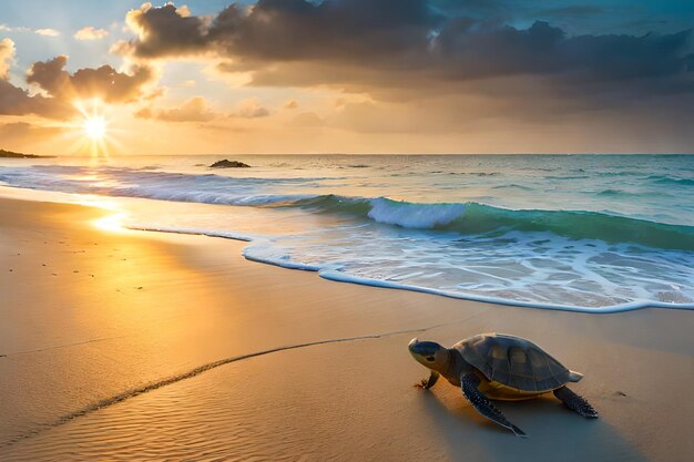A turtle on the beach at sunset