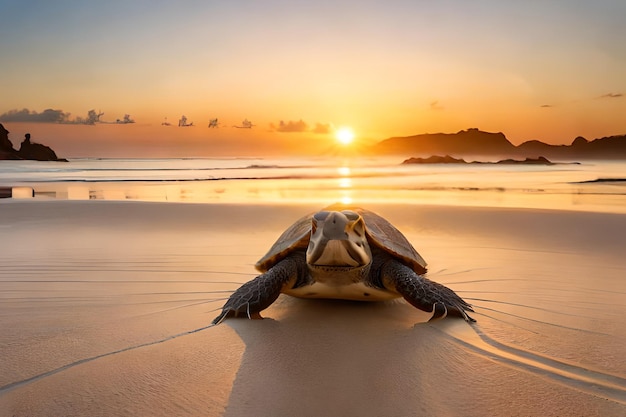 A turtle on the beach at sunset