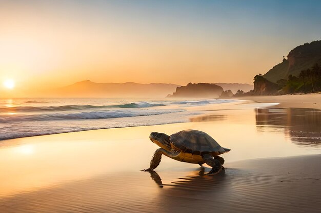 A turtle on the beach at sunset