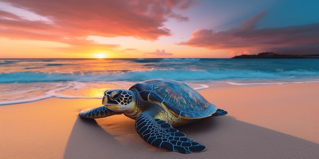 A turtle on the beach at sunset