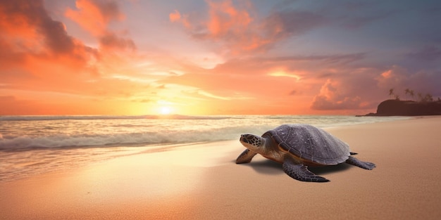 A turtle on the beach at sunset