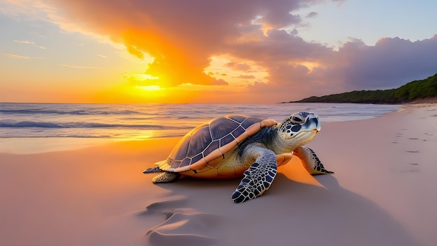 Черепаха на красивом пляже на восходе солнца