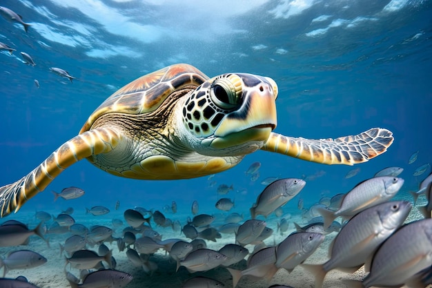 Turtle closeup with school of fish