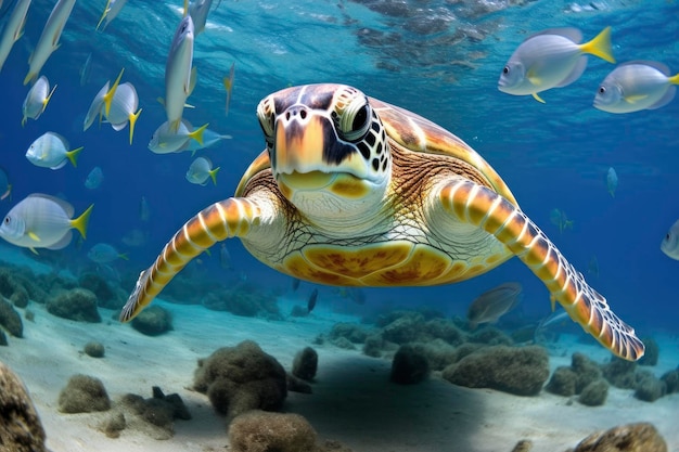 Turtle closeup with school of fish