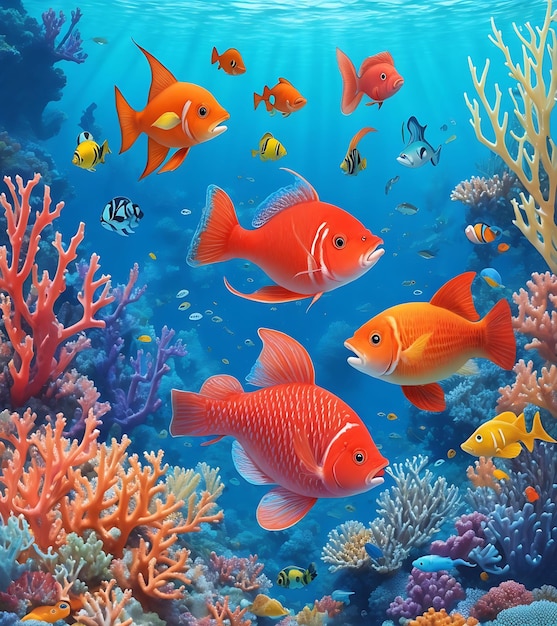 青い海に浮かぶ亀と色とりどりの魚たち