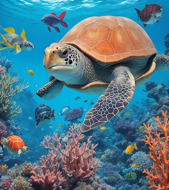 turtle and colorful fishes in the blue ocean