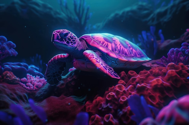 A turtle on a coral reef with a purple and pink shell.