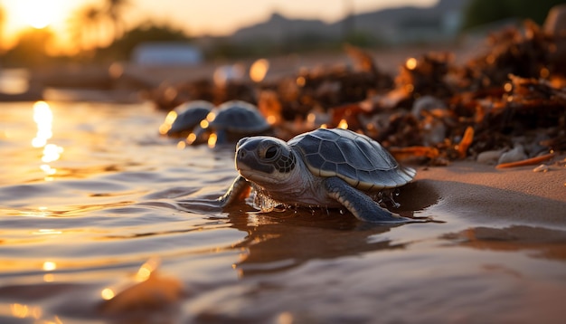 Turtle crawls slowly in the wet sand enjoying the sunset generated by artificial intelligence