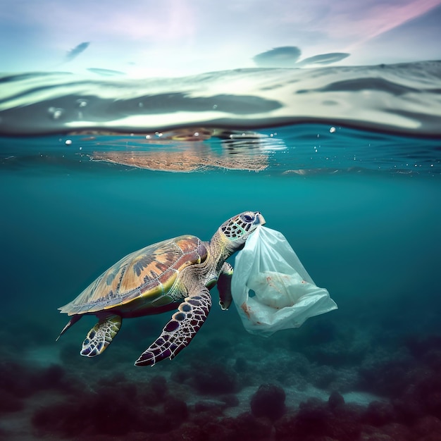 照片龟吃塑料袋在大海