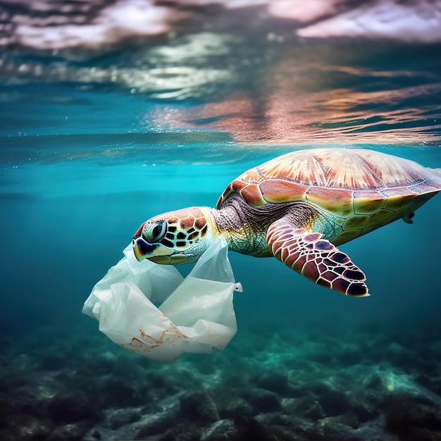 Foto la tartaruga mangia il sacchetto di plastica sotto il mare