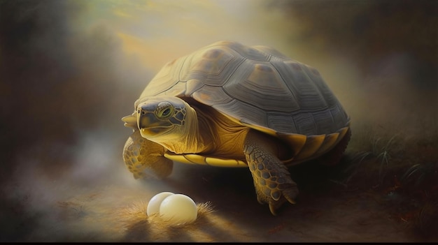 A turtle and eggs are on a beach.