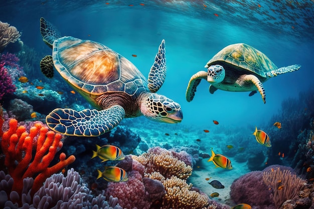 Черепаха и рыба плавают в океане