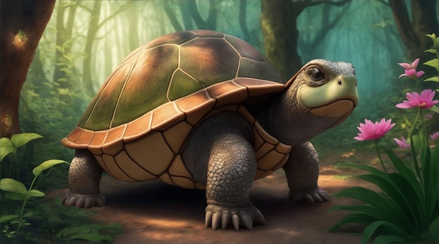 A turtle in a forest with a green background.