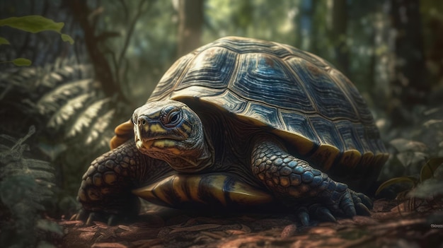 A turtle in the forest with a green background