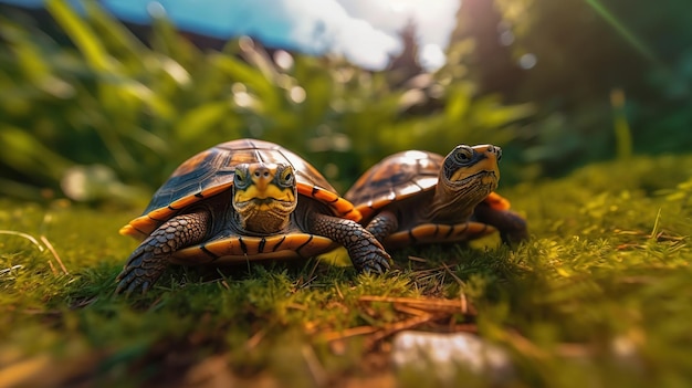 草の上のカメ オレンジ色の目を持つ美しいカメ