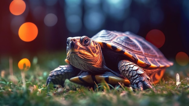 Foto tartaruga sull'erba bella tartaruga con gli occhi arancione