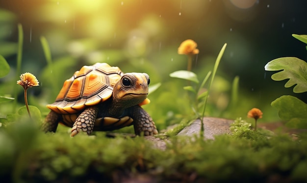 Photo a turtle in the grass with the sun behind it