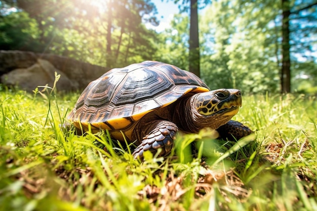 A turtle in the grass in the woods