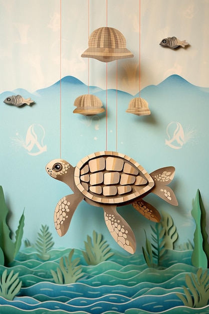 a turtle hanging on a wall with a fish on it