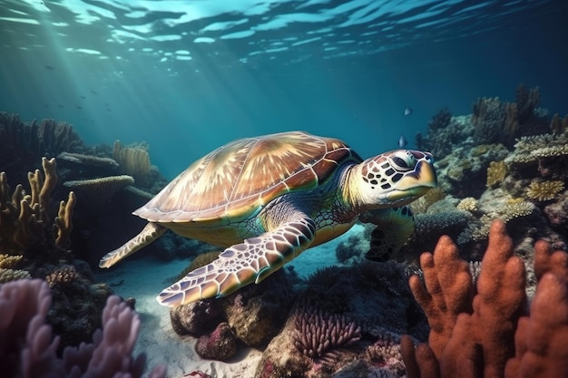 Turtle illustration under the sea corals and reefs marine life concept Generative AI