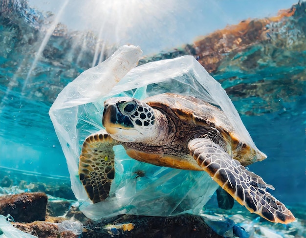Foto una tartaruga sta portando una borsa di plastica di plastica