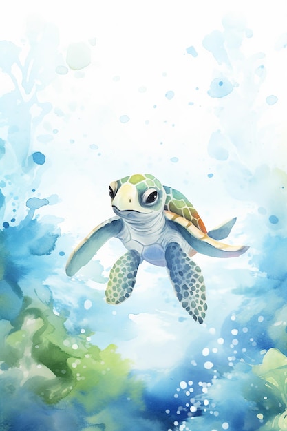 거북이가 바다 위로 날고 있고 물은 파랗습니다.