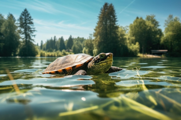 Photo turtle is on green lake having sunbath