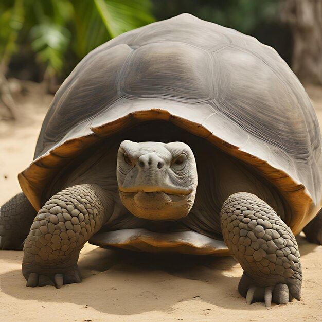 Photo a turtle is on the ground with a palm tree in the background