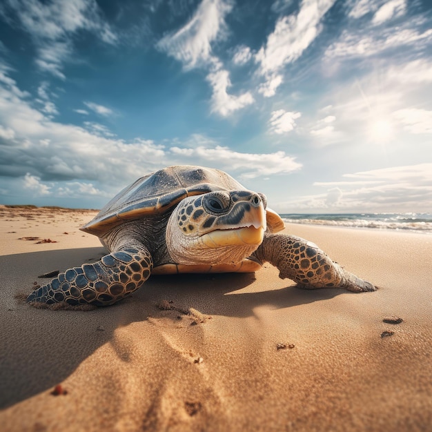 Photo a turtle is laying on the beach and is looking for food.