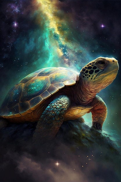 A turtle is on a rock and is looking at the stars.