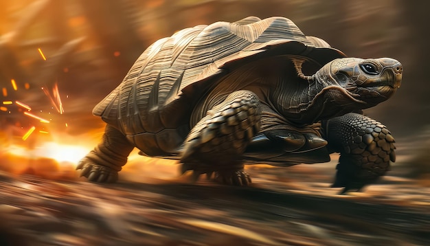 A turtle is running through a field of fire