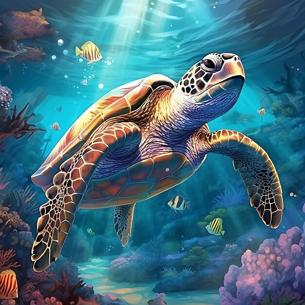 a turtle is swimming under a fish tank with the sun shining on it.