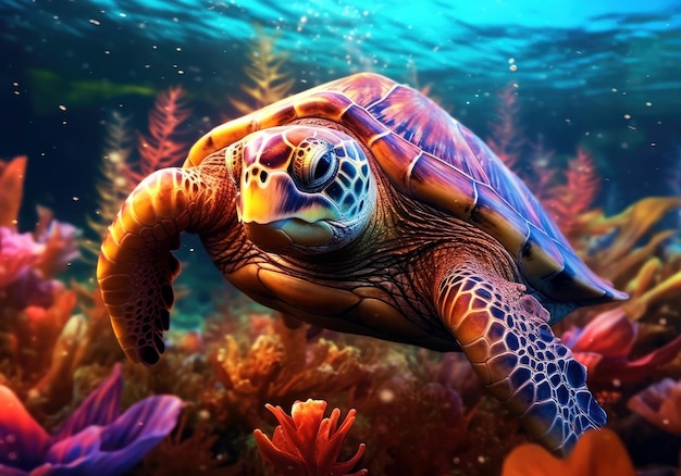 A turtle is swimming in the ocean.