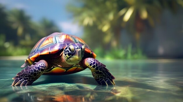 Photo a turtle is swimming in the water with palm trees in the background