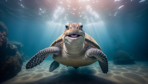 A turtle is swimming under the water.