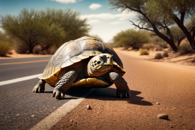 Foto la tartaruga attraversa la strada in un ambiente arido