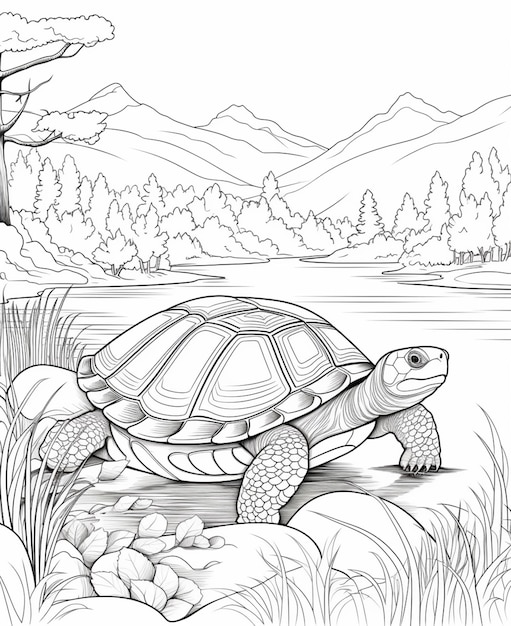 A turtle is walking along the shore of a lake generative ai