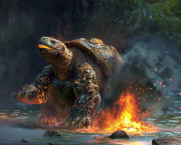 Photo a turtle is walking on fire in the background of a fire