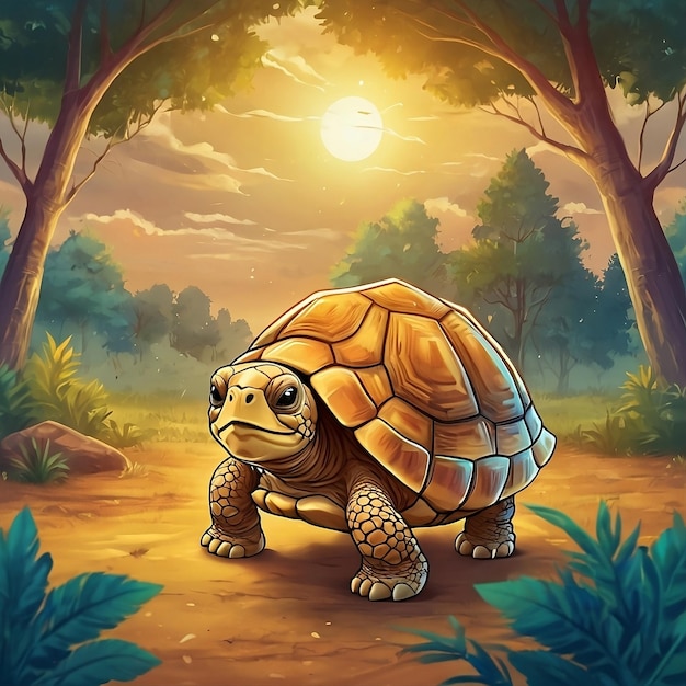 a turtle is walking in the forest with the sun behind him