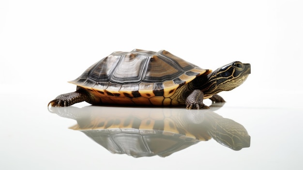 A turtle is walking on a reflective surface.