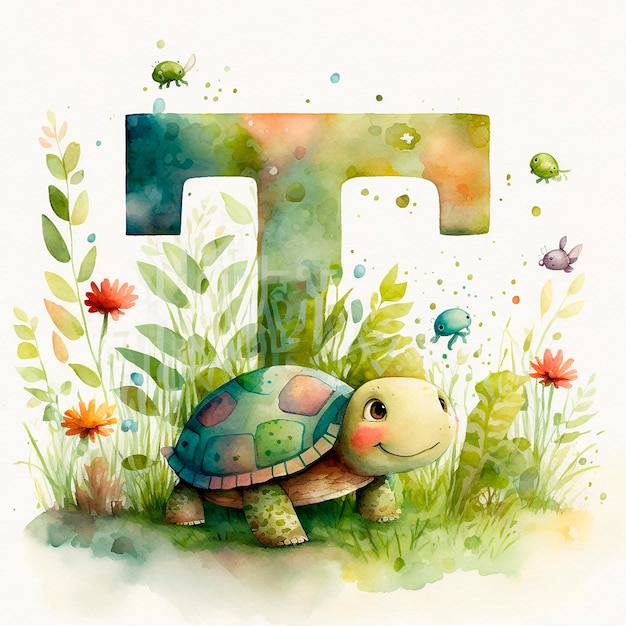 Turtle and the Letter T Exploring Nature and Learning the Alphabet watercolor illustration kids ABC
