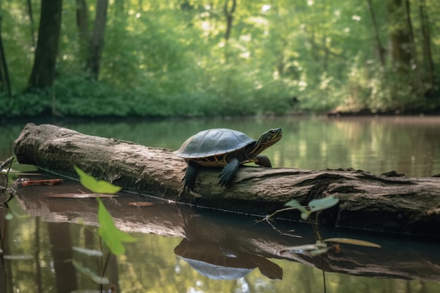 A turtle on a log in a rive