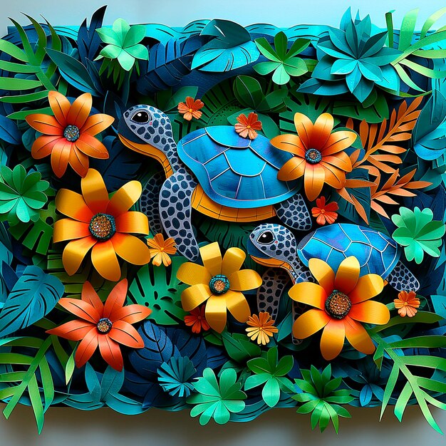 Photo a turtle made of flowers and plants with flowers and leaves