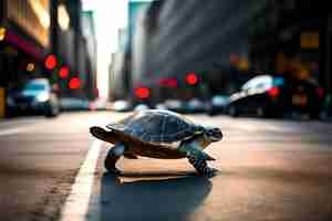 Photo turtle moving very quickly down a busy city street ai generated content