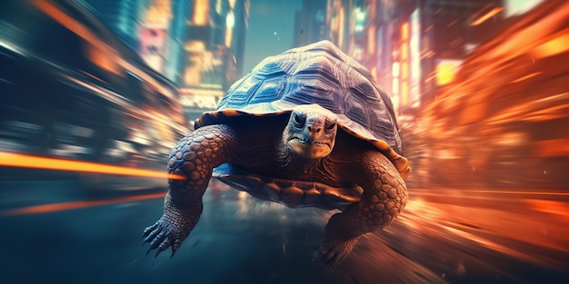 Turtle moving very quickly through a street Generative Ai