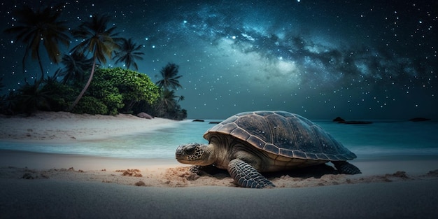 Turtle on the night beach Created with generative Ai technology