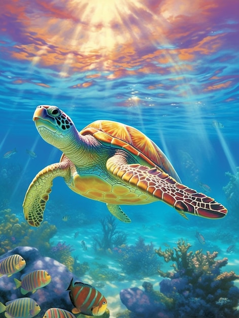 Photo turtle in the ocean painting by j. r. r.